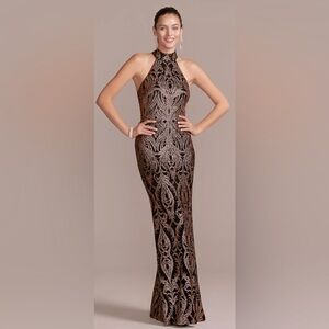 B&A for Betsy & Adam Slinky Glimmer & Glitter Print T-Back Black & RoseGold Gown
